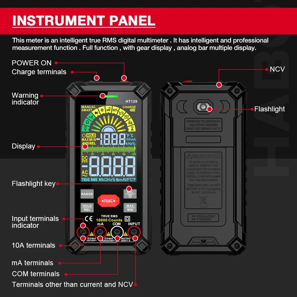 HT129 Digitalmultimeter Auto Range True RMS AC DC Spannungsprüfer 10.000 Stück mit berührungsloser Spannungserkennung