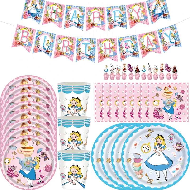 Disney Alice in Wonderland Birthday Party Decoration Include Paper Cup Plate Napkin Tablecloth Cake Topper for Kids Baby shower