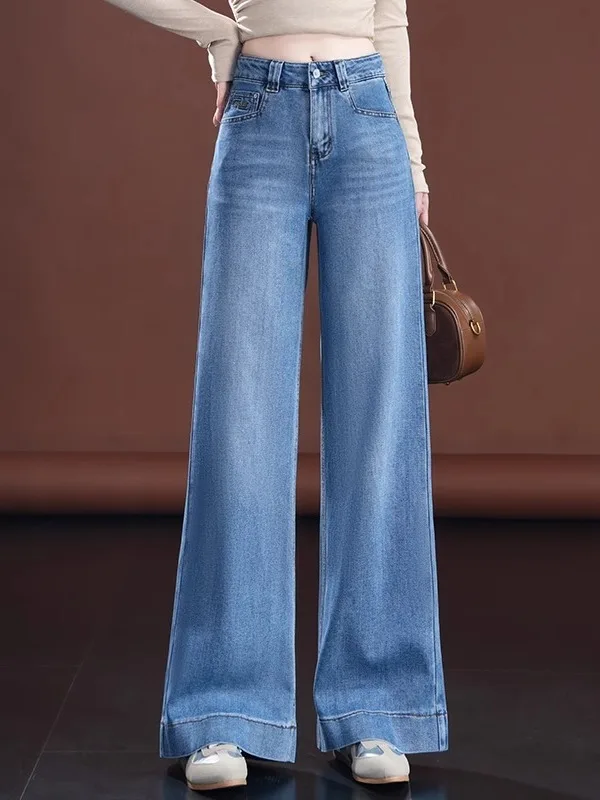 

Синие джинсы с высокой талией и прямыми штанинами, женские, модные, осень 2025, новые широкие брюки, повседневная одежда, прочный деним, свободный крой