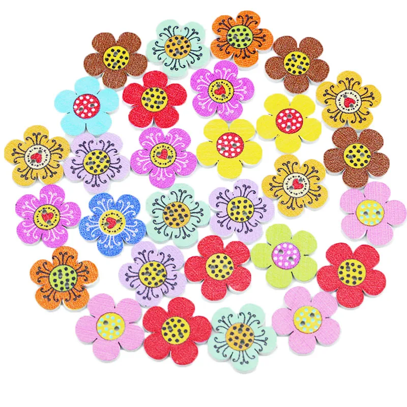 

(100 Pcs/pack) 2cm Sunflower Pattern Wooden Buttons DIY Craft 2-Hole Bead Decoration Eco-Friendly Wood