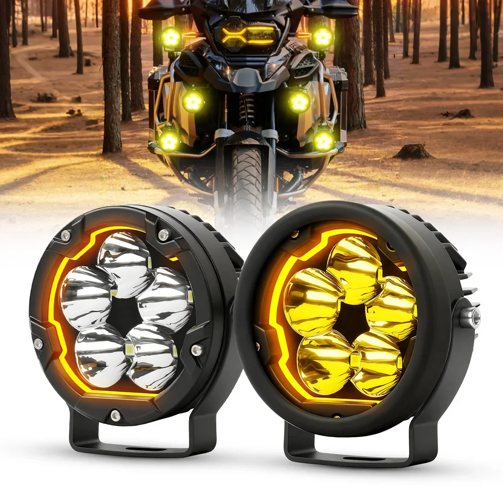 HAOLIDE LED Motorcycle Auxiliary Spot Light Dual Color White Amber Adjustable Bracket IP68 With Relay Wiring off-road use