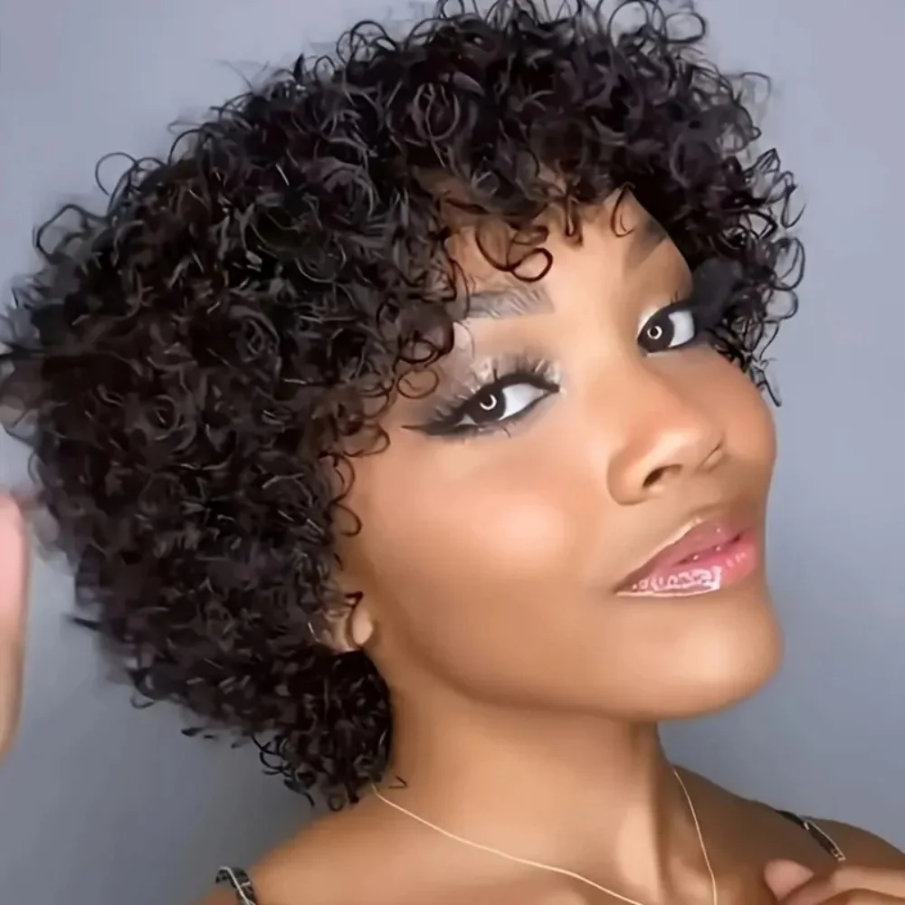 Афро-кудрявый вьющийся парик из человеческих волос с челкой, человеческий натуральный афро-парик, машинное производство