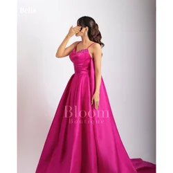 Bella Fuchsia Satin Robes De Soirée Spaghetti Strap A-line Long Train Prom Dresses Elegant Sleeveless Floor-length Wedding Dress