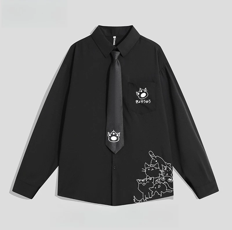 2025 Spring and Autumn Japanese Retro Print Cat White Long Sleeve Shirt College Style Couple Casual Loose Black Shirt