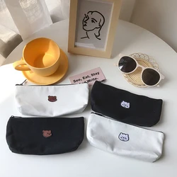 Bolsa de lápices bordada de lona Kawaii Bear Cat, estuche de almacenamiento coreano, bolsa de bolígrafos de papelería bonita, bolsa de lápices, suministros escolares