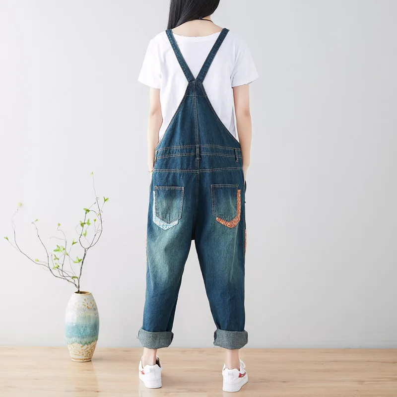 Wide Leg Jeans Ripped Overalls Women Distressed Hole Denim Pants Ankle Length Jean Loose Vintage Pockets Streetwear Spliced