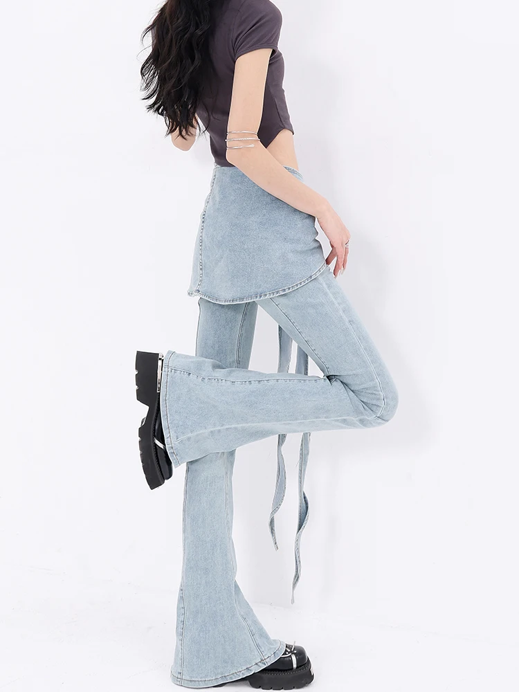 Spring and Autumn New Women's Pants, Fake Two Piece Stacked Elastic Cowboy Bellbottom Pants