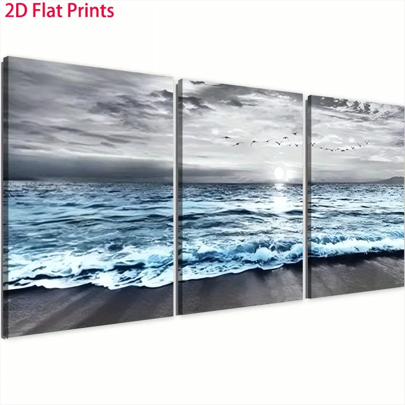 Frameless 3pcs Canvas Painting, Serene Ocean Waves At Sunset, Ready To Hang Wall Art Prints For Living Room & Bedroom & Kitch
