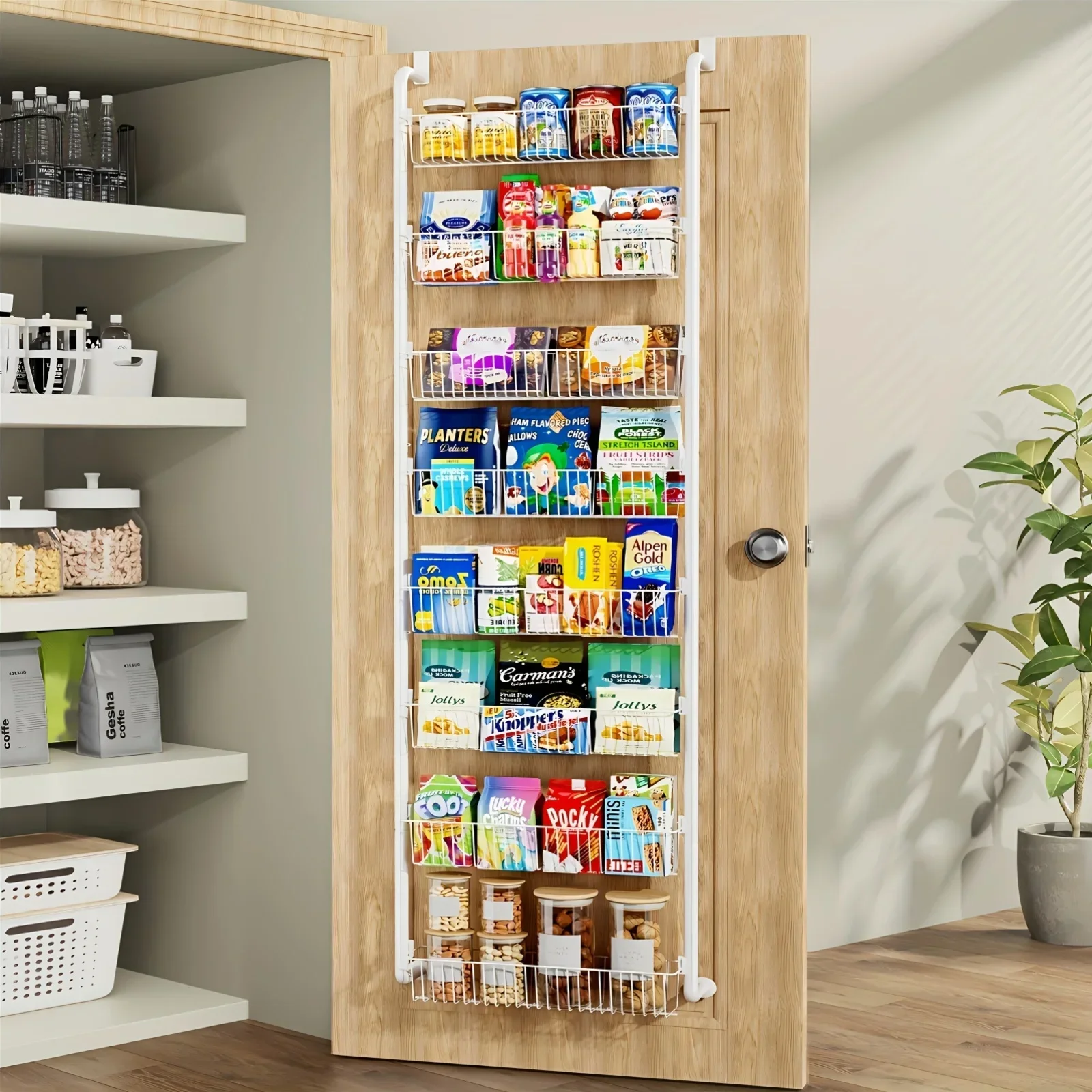 

usOver The Door Food Pantry Organizer- Heavy-Duty Multi-Level Storage Rack For Kitchen, Bathroom, And Laundry Room - Space-Saving Organizer With 6/8 Shelves - Ideal For Spice And Food Storage - Durable Metal Hanging Cabinet For Home Organizationd