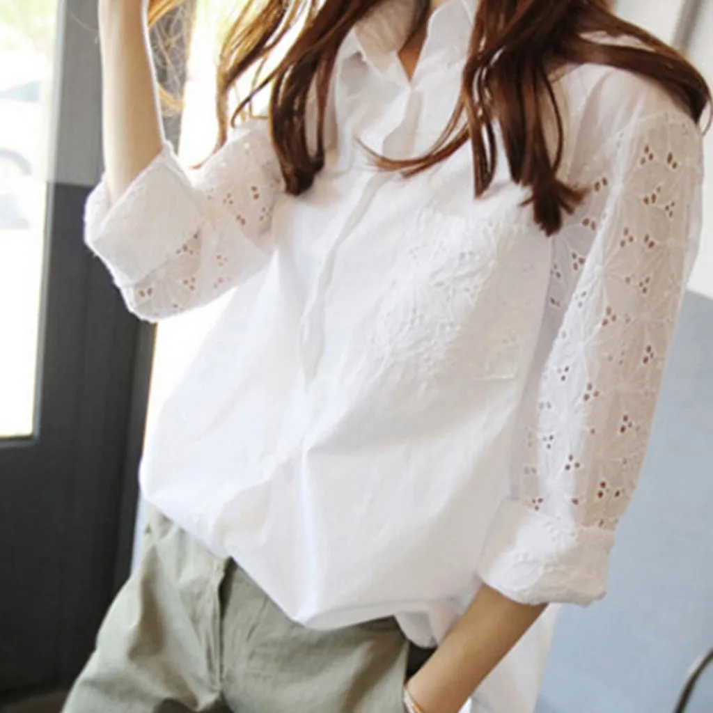 Fashion Women Business Embroidered Blouse 2024 Summer New Causal Solid Lapel Single-breasted Long Sleeve Hollow Out Shirt White