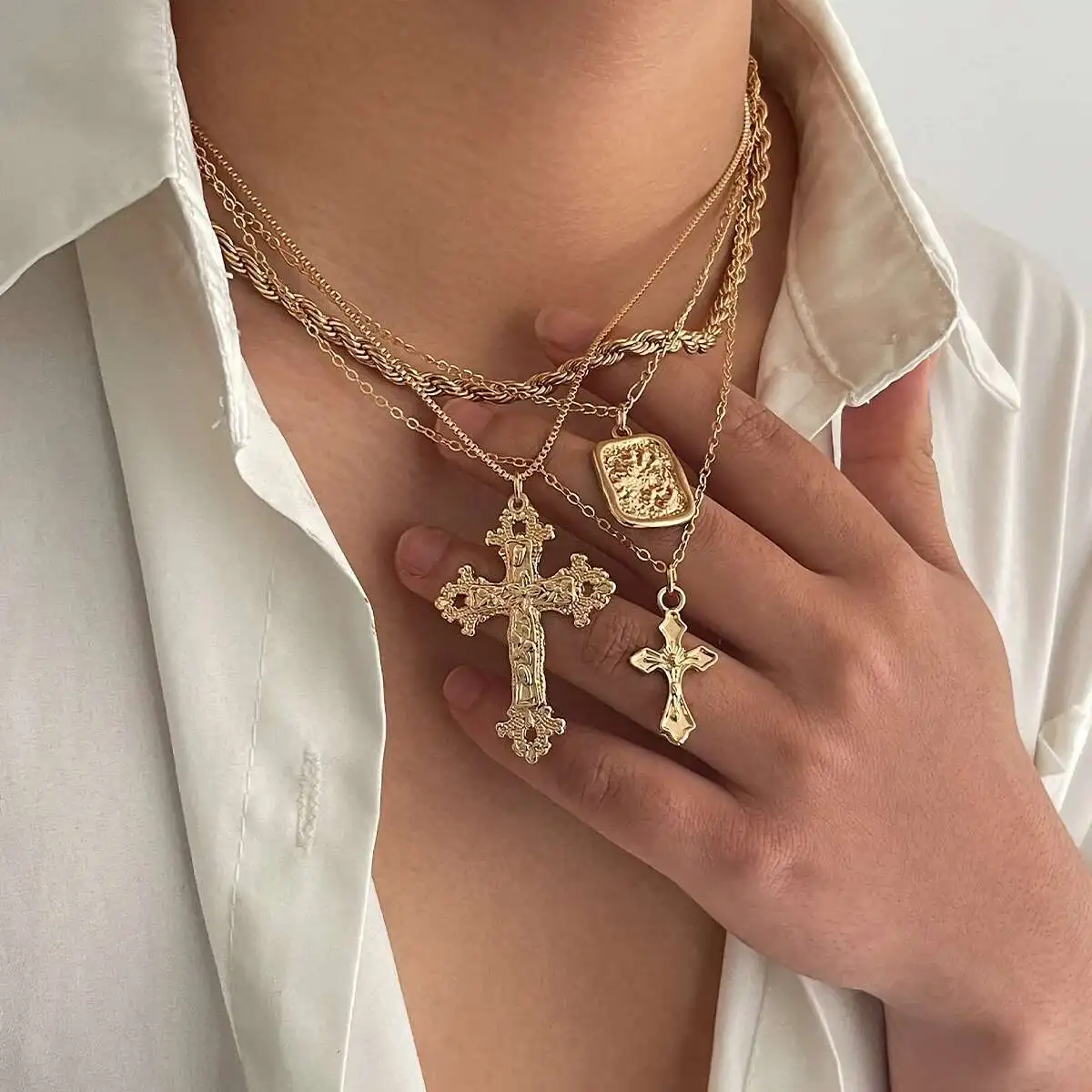 KunJoe 4Pcs/Set Punk Jesus Cross Square Pendant Necklace for Men Hip Hop Multi Layer Stacked Gold Color Neck Chain Jewelry Gift