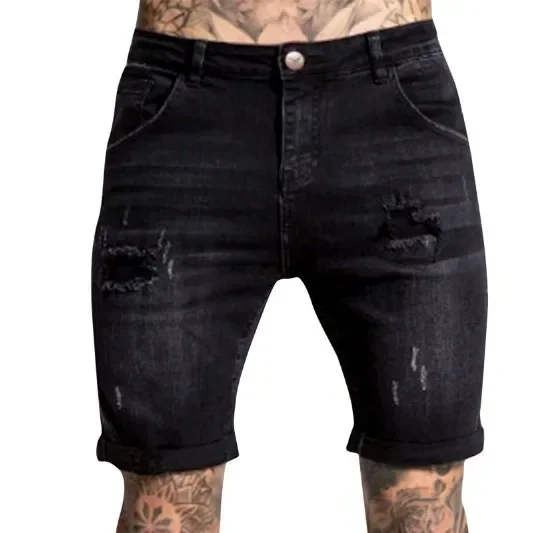 

Summer Men's Multi Color Elastic Cintage American Slim Jean Shorts Casual Trendy Hole Patched Denim Shorts Male Streetwear Beach