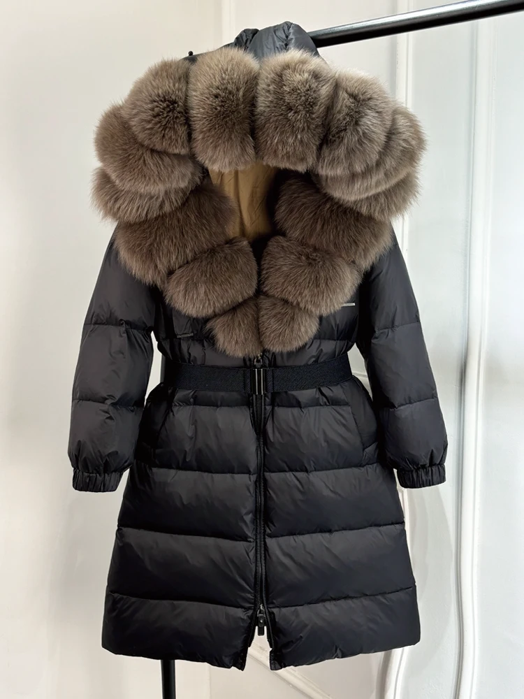 Lagabogy 2025 Winter Puffer Jacket Women Real Fox Fur Hooded Collar Thick Warm Long White Duck Down Coat Loose Luxury Outerwear