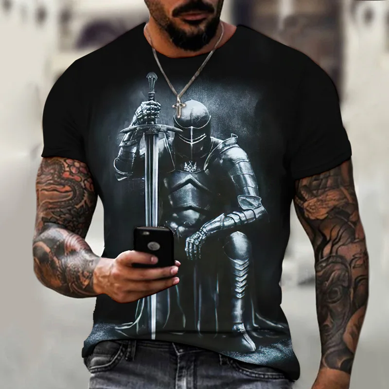 2023 Summer Men's T-shirt Retro Crusader 3D Printed T-shirt Short Sleeve Pattern Oversized Top Loose Street Harajuku Clothing 6X