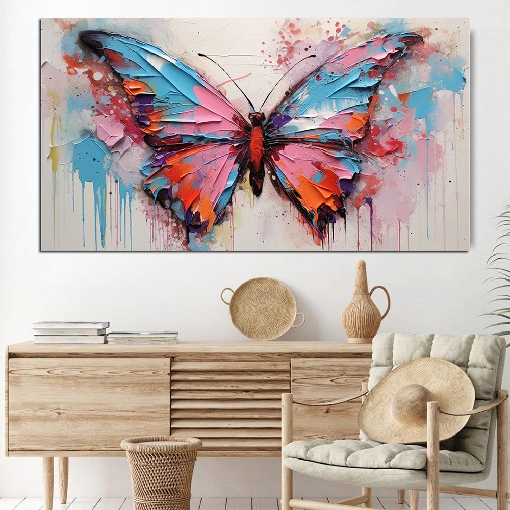 Hand Painted Oil Paintings on Canvas Abstract Modern Pallet Knife Wall Art Handmade Blue Pink Butterfly living room home decor