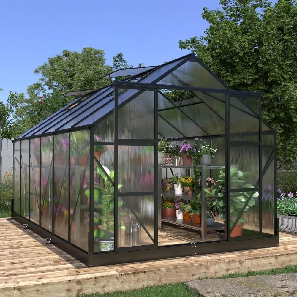 

8x14x7.5 Foot Polycarbonate Greenhouse, 4 Ventilation Windows, 2 Sliding Doors, Outdoor Walk-in Aluminum Large Greenhouse