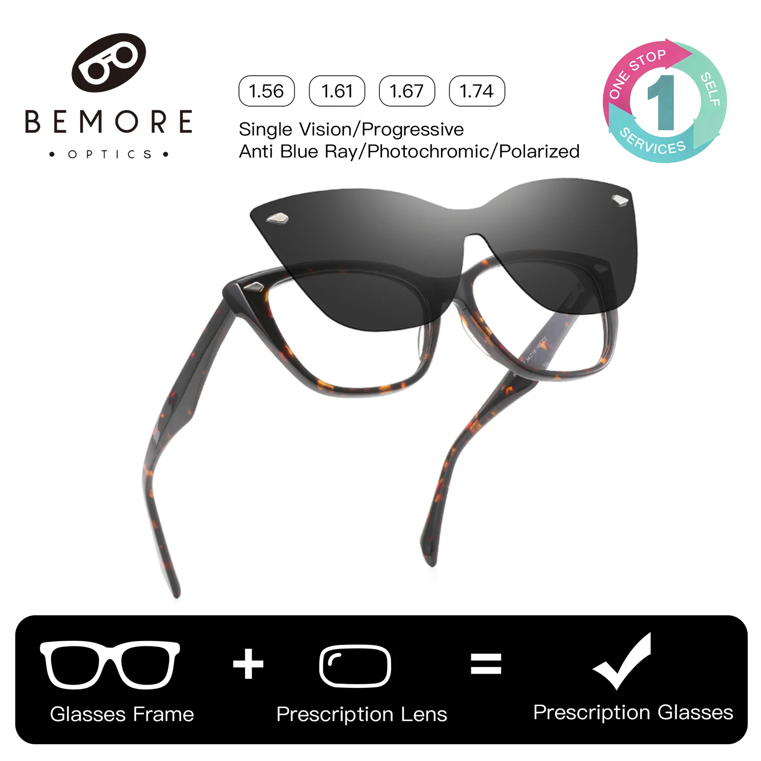 BEMORE Square Acetate Polarized Clip on Prescription Eyewear Woman Anti-Blue Light Correction Myopia Progressive Glasses