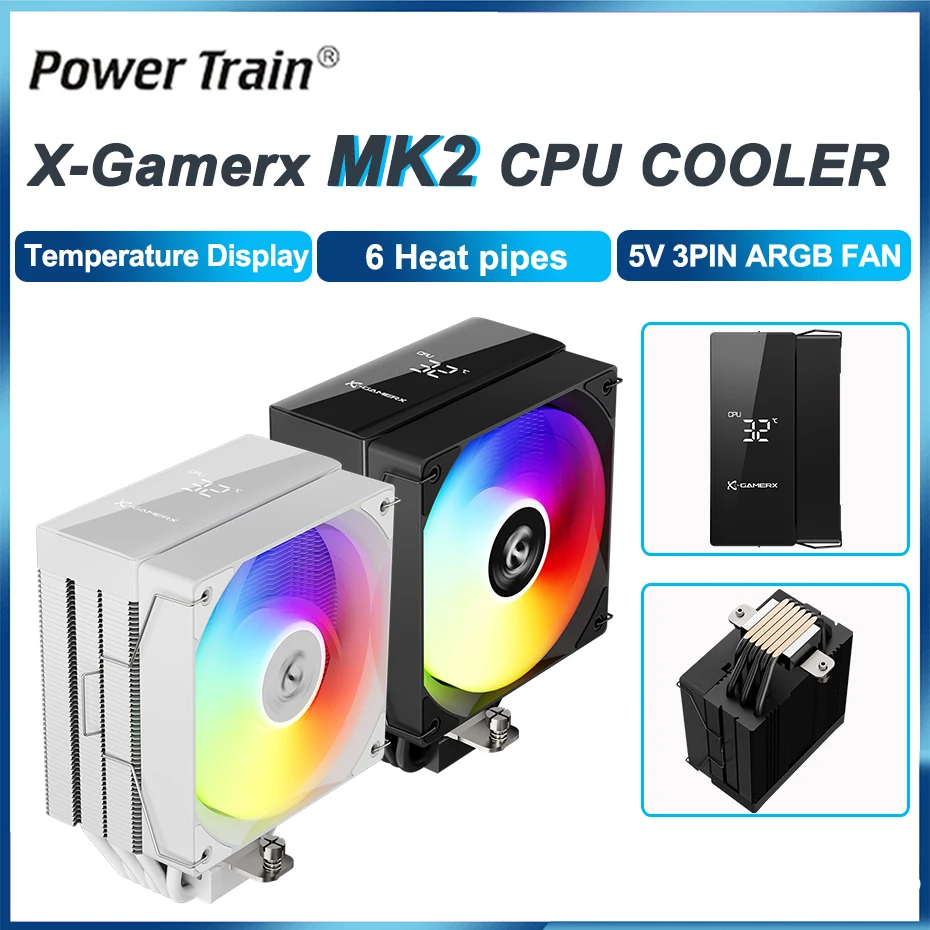 Power Train X-Gamerx MK2 CPU Cooler With Digital Display 6 Heat pipes Air-cooled Radiator 120mm ARGB Fan For LGA1700 115X AM5