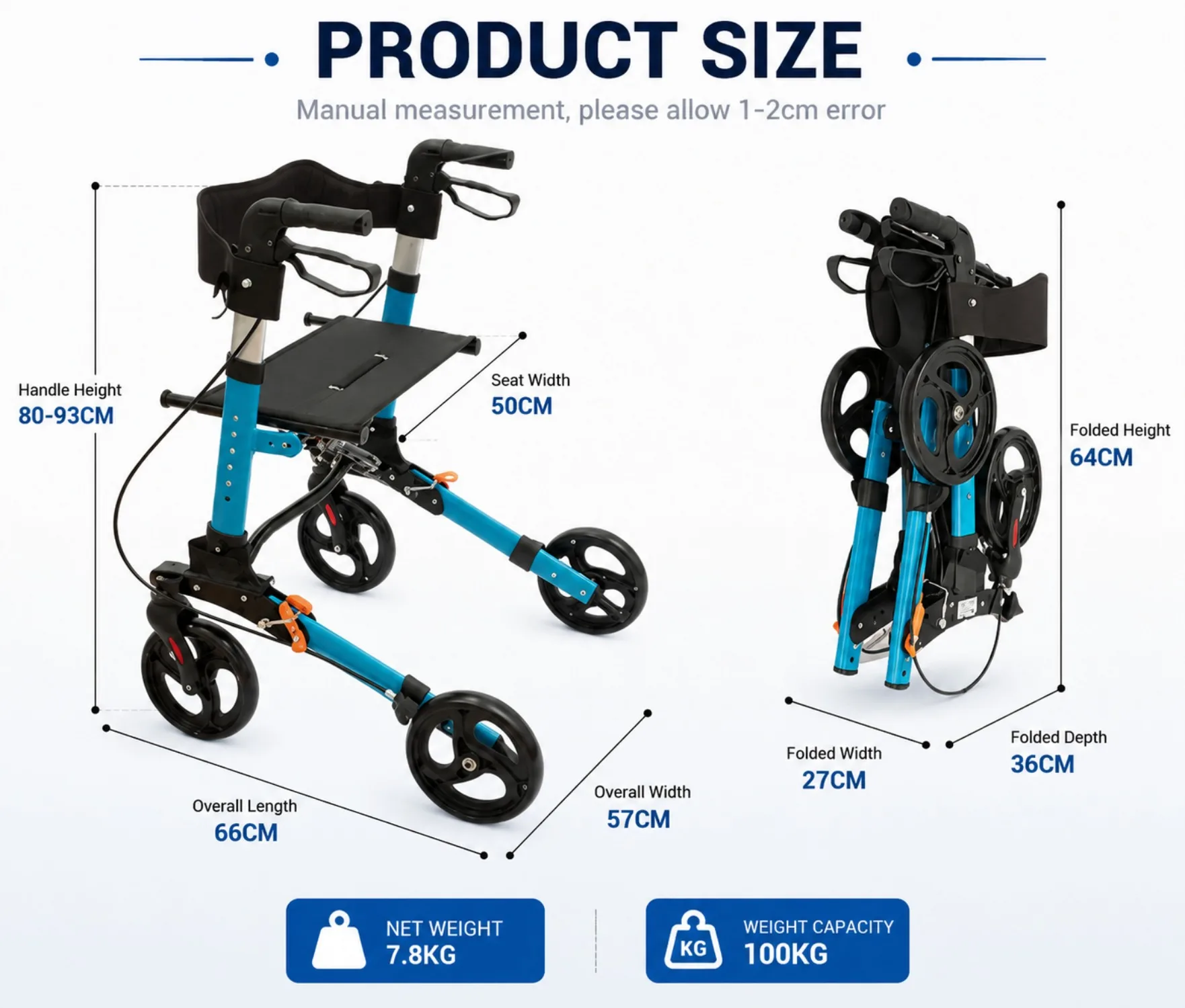 Folding Rollator Walker with Seat,Adjustable Walking Aid with Armrest Support & Hand Brakes,Portable for Elderly, Home & Outdoor