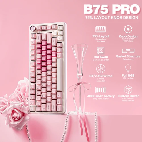 Imagen 2 del producto YUNZII B75 PRO Teclado mecánico rosa para jugar, teclado RGB Bluetooth/cable/inalámbrico de 75 perillas, junta Keeb cremoso personalizado intercambiable en caliente