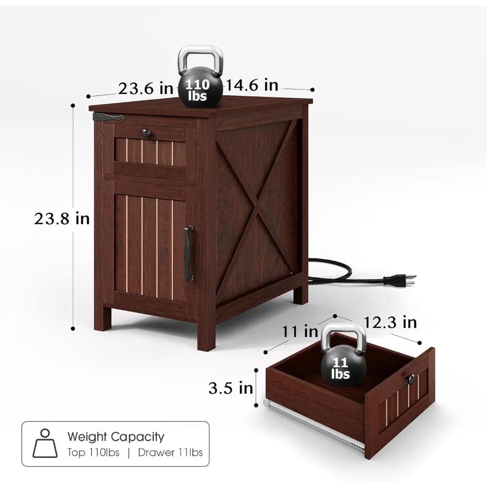 End Table with Charging Station,Set of 2,Industrial/Farmhouse Nightstand with Drawers,Side Table with Storage & Removable Shelf