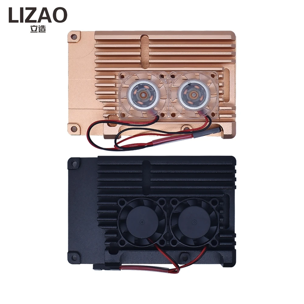 LIZAO Raspberry Pi 4 Aluminum Case With Dual Cooling Fan Gold Metal Shell Black Enclosure Box For RPI4 Raspberry Pi 4B Board