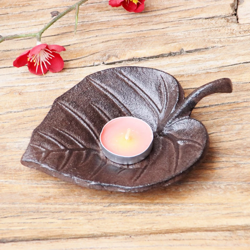 

Antique Rustic Cast Iron Leaf Candle Holder Small For Tealight Pillar Candle Handmade Heavy Storage Tray Plate