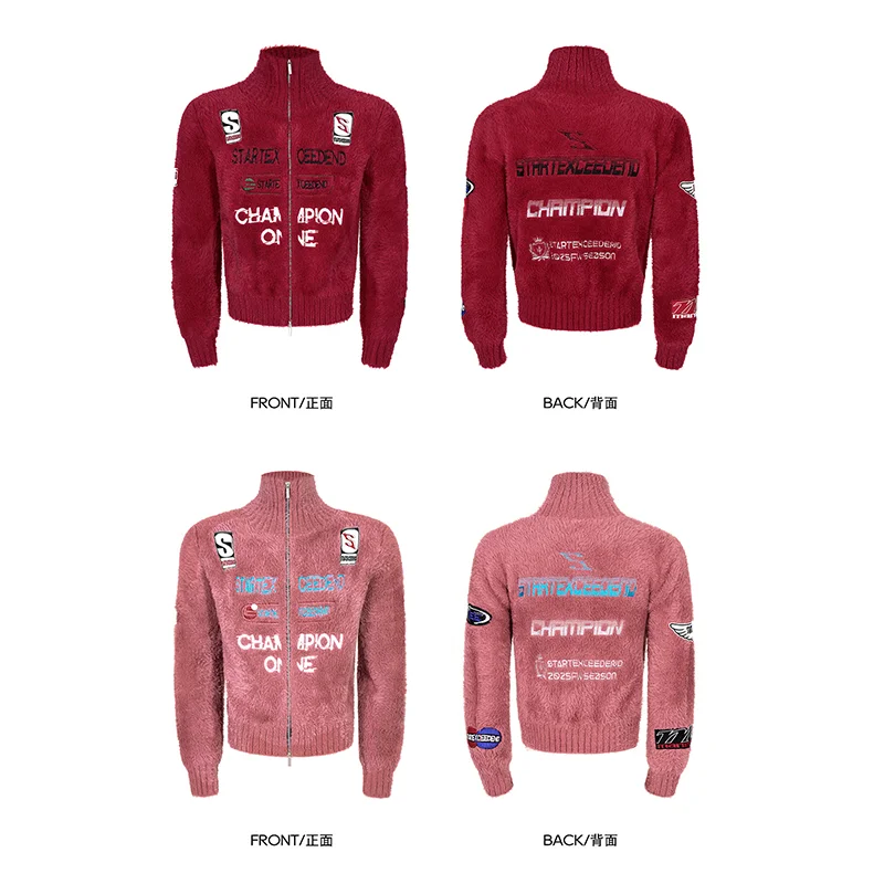 MWJLPWQ Racing Letter Design Niched Men Sweater Spring Winter Embroidered Printed Bottoming Stand Collar Cardigan Knitwear 13073