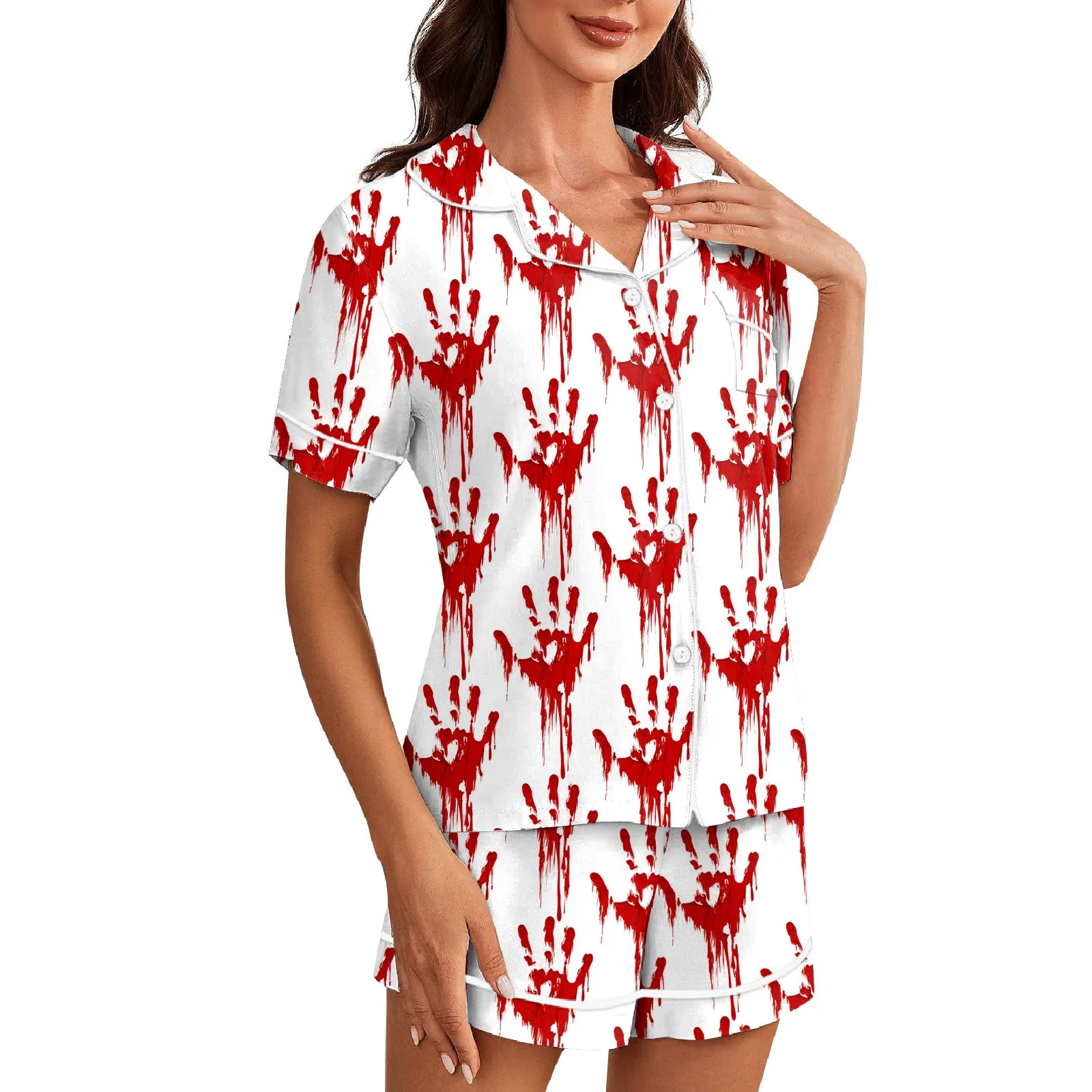 Women\'s Halloween Blood Printed Pajama Set With Short Sleeved Top And Shorts Summer Tie Dye Fashion Comfortable Sleepwear Set