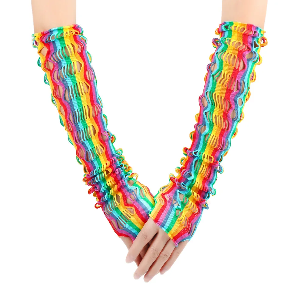 Maniche lunghe elastiche in rete colorata arcobaleno Guanti lunghi intrecciati in rete colorata per feste da ballo