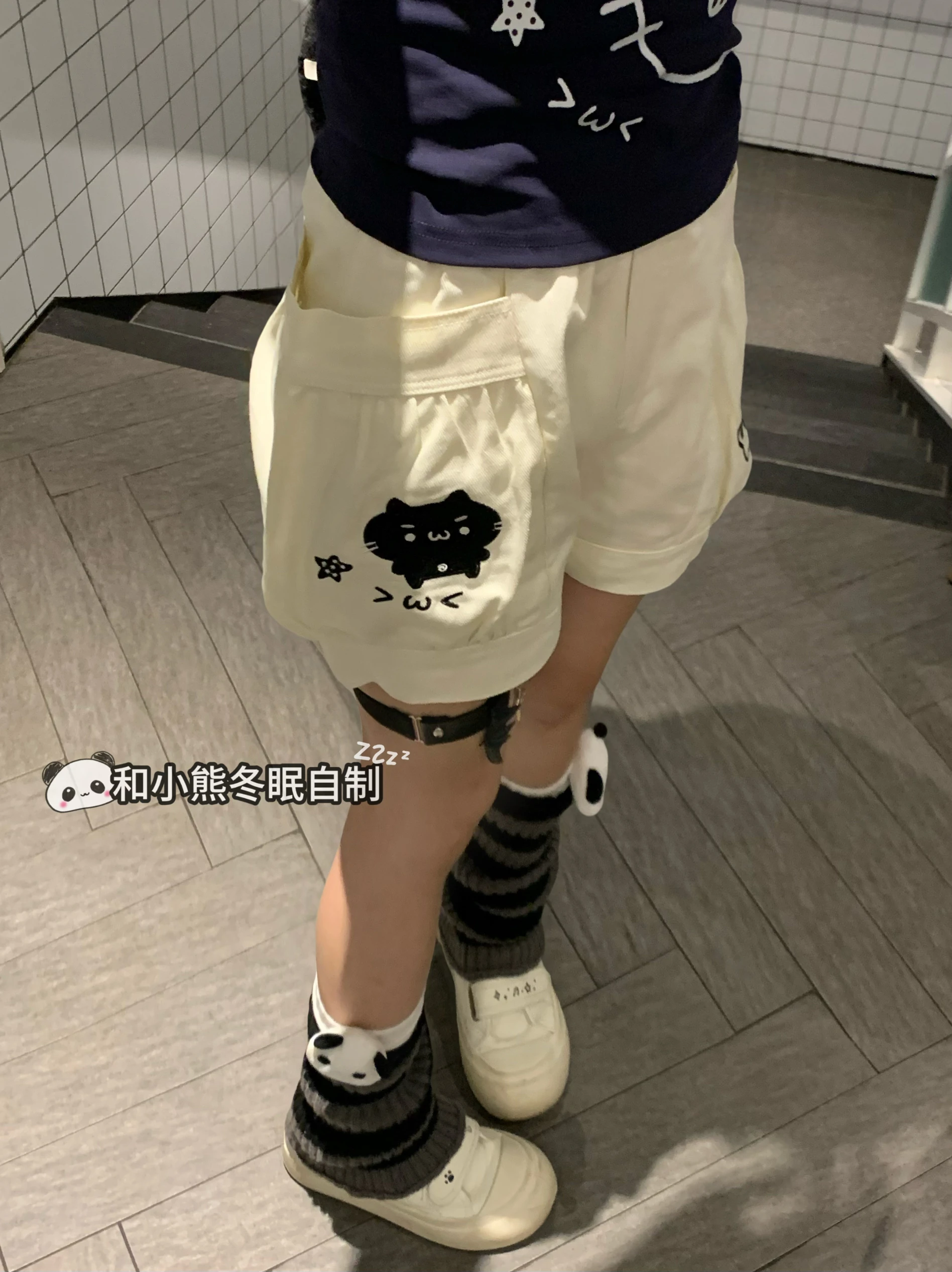 Kawaii Cat Print Shorts Women 2025 Summer Harajuku Loose Elastic Waist Shorts with Pockets Cartoon Paw Embroidery Korean Style