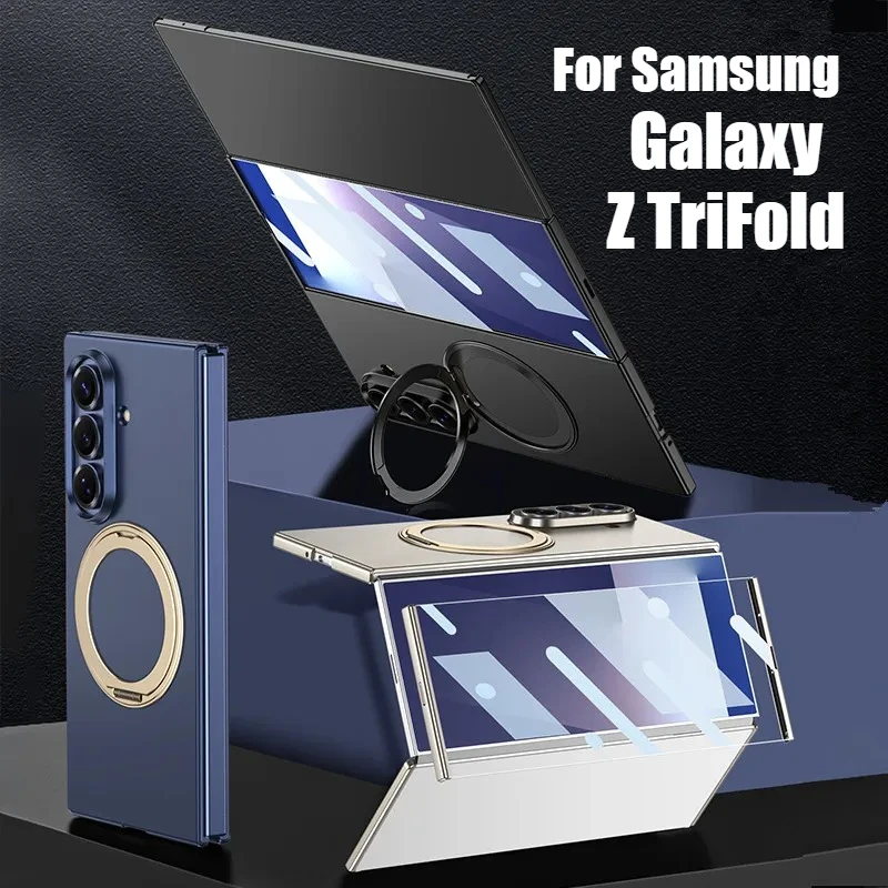 

For Samsung Galaxy Z TriFold Glass Screen Protector Premium PC Trible Fold Cover 360° Rotating Magnetic Ring Holder Bracket Case
