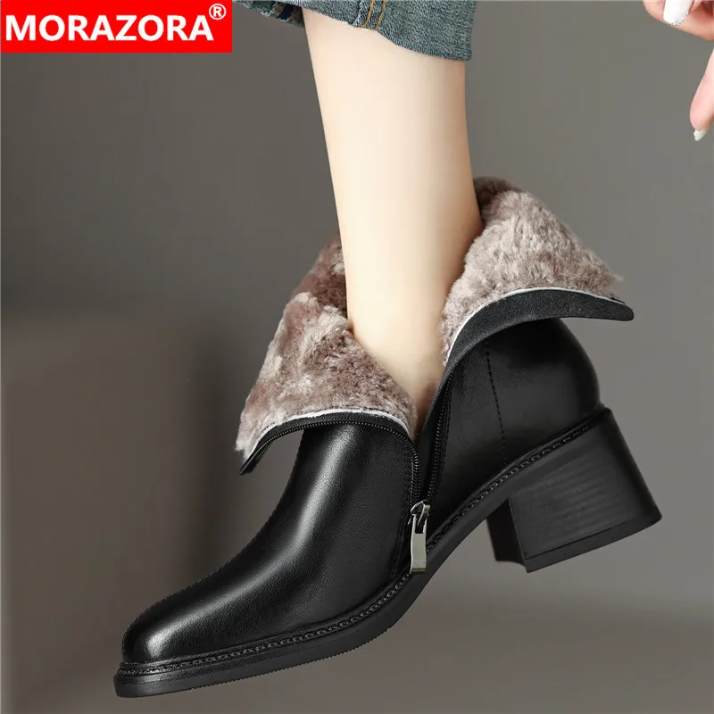 

MORAZORA 2024 New Genuine Leather Ankle Boots Women Nature Wool Warm Winter Boots Square Heels Black Brown Snow Boots