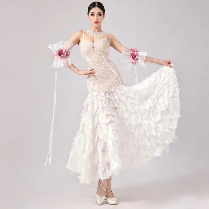 Ballroom Dance Competition Dress Women White Feather Lace Prom Dress Adult Social Dance Dress Waltz Performance Costume BL12103