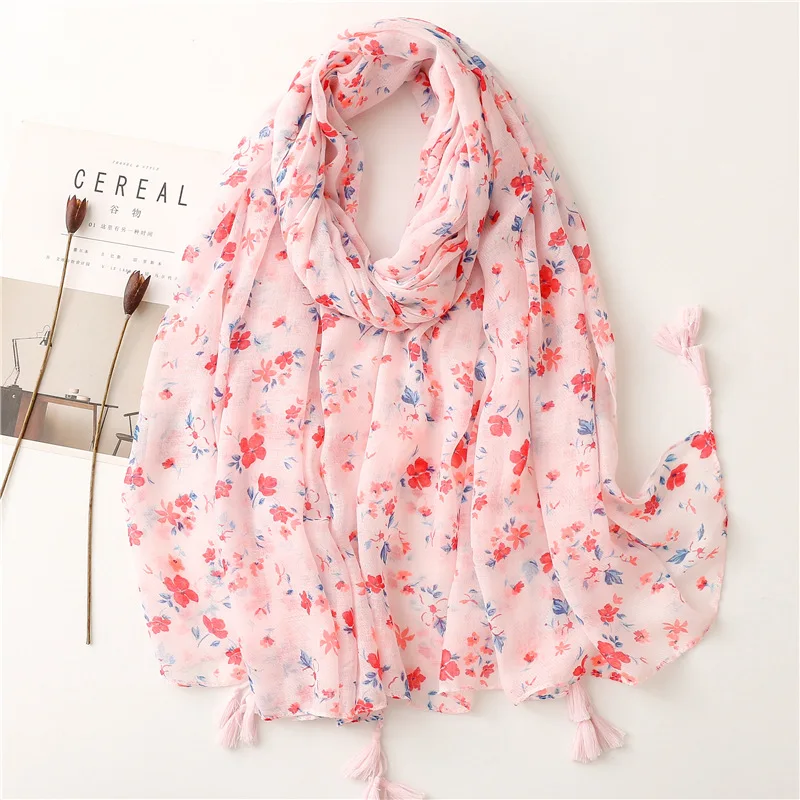 

2022 Hot Sale Small Ombre Flower Print Tassel Scarf Shawls Long Beautiful Beach Hijab Wrap Free Shipping