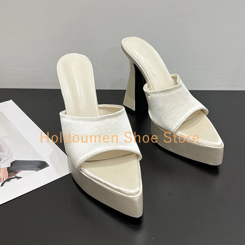 الساتان أشار تو منصة عالية النعال النسائية كعب مكتنز الانزلاق على الصيف عطلة نمط النعال سيدة الموضة المنصة الأحذية #4