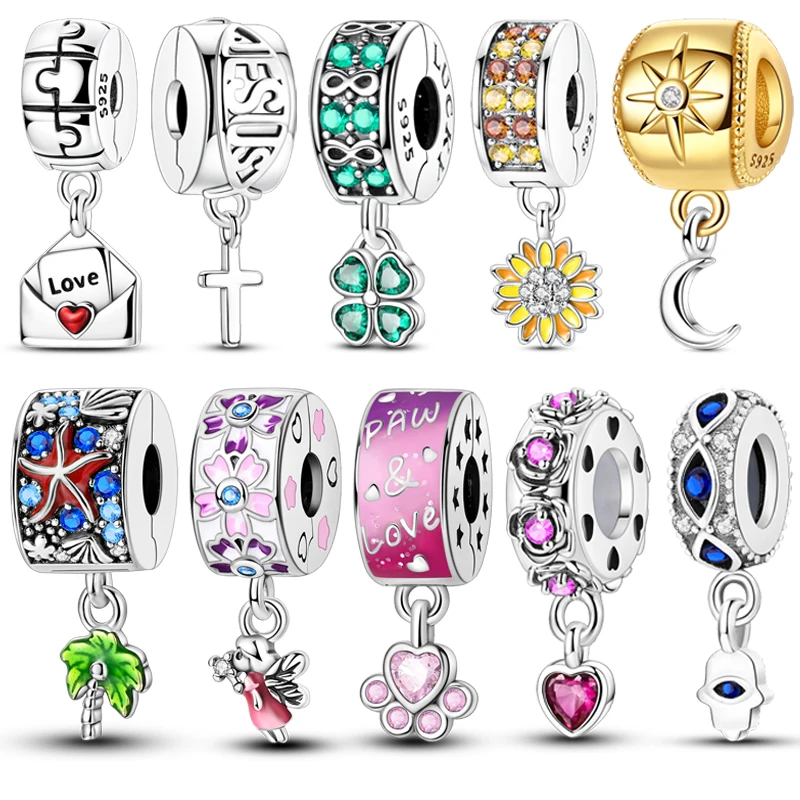 

Silver Clasp 925 Sterling Silver CZ Pave Clip Charms Daisy Beads Stopper Safety Chain Fit Original Bangle Bracelet Jewelry Clip
