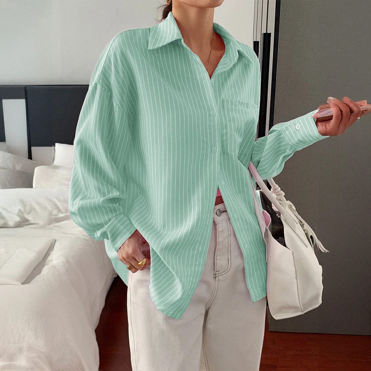 

Leisure Vacation Style Simple Striped Long-sleeved Blouse Women's Clothing 2025 Summer Roupas Femininas Com Frete Gratis