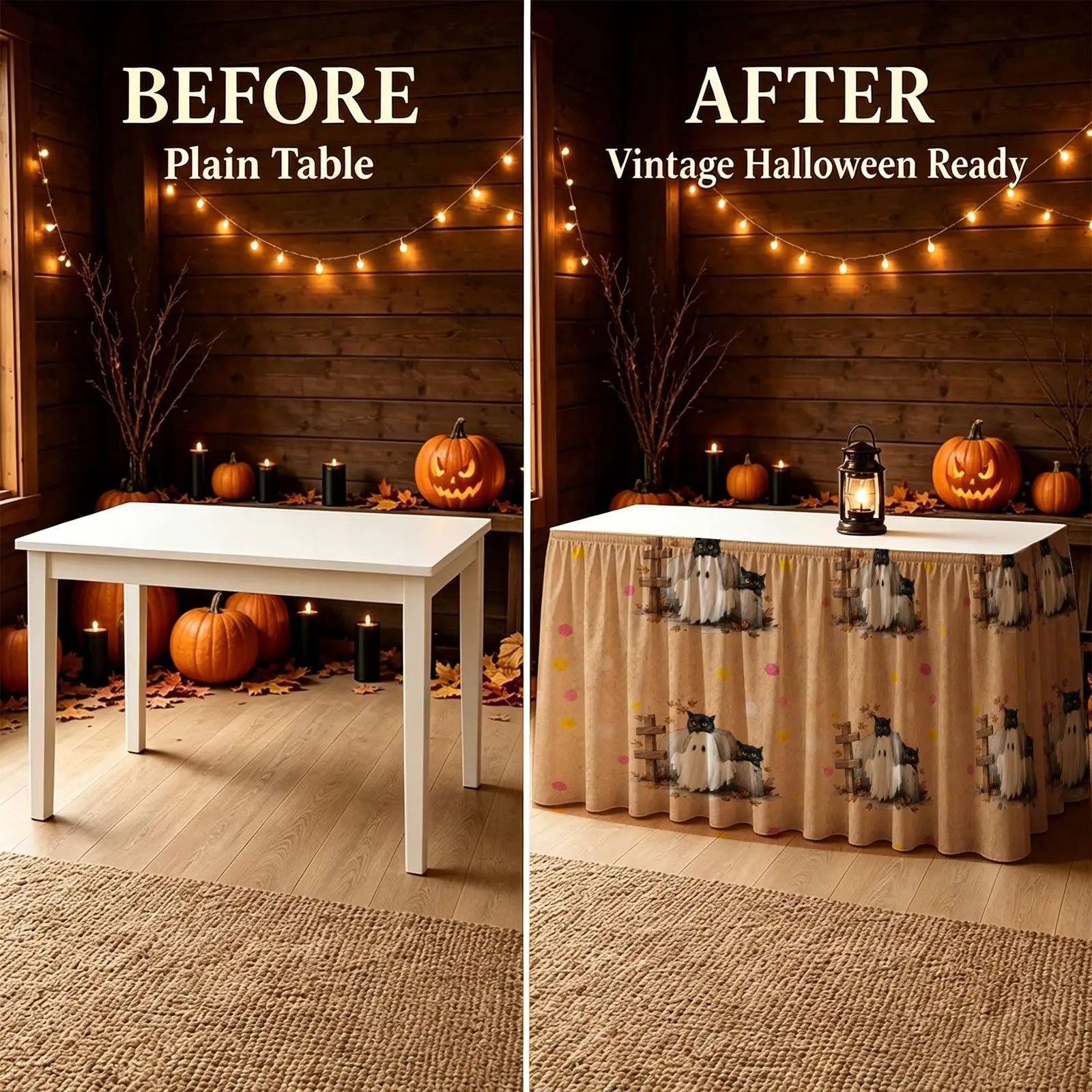 Halloween, Christmas, party scary table skirt 1 piece, cute ghost sitting on wooden fence