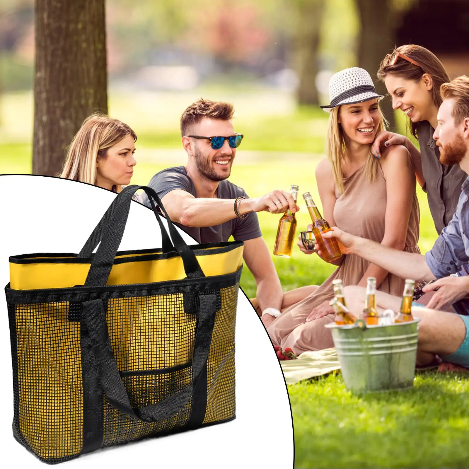 حقيبة الشاطئ حقيبة سفر شبكية لحمام السباحة وحقائب يد مقاومة للرمل مع مشبك حلقة تسلق وحقيبة صيفية خفيفة الوزن لبطانية لعبة المكياج للهاتف #4