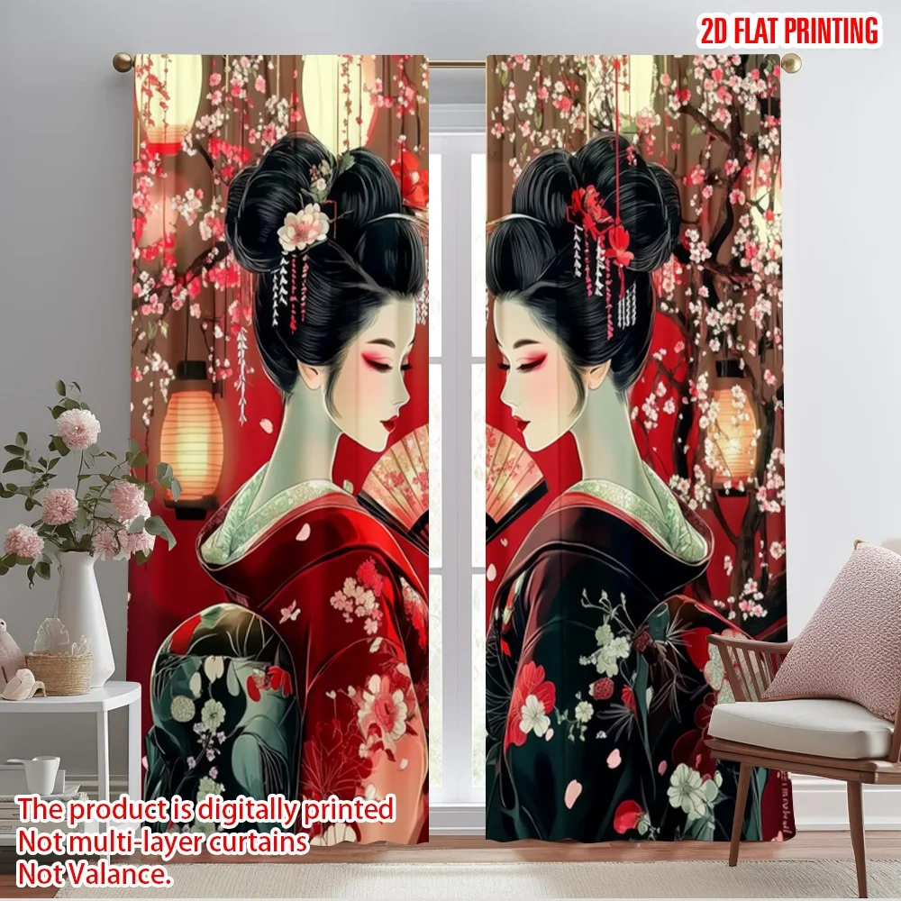2pcs,2D plane printing Popular Curtains Geisha Sakura Scene Versatile 100% Polyester (without rod) Outdoor Decorations Perfect