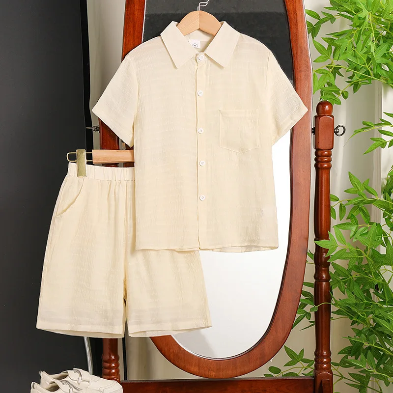 

2024 Summer Child Clothes Sets Short Sleeve Turn-cown Collar T-shirt Beige Shorts 2 Piece Sets Designer Girls Clothes Sets 8-14T