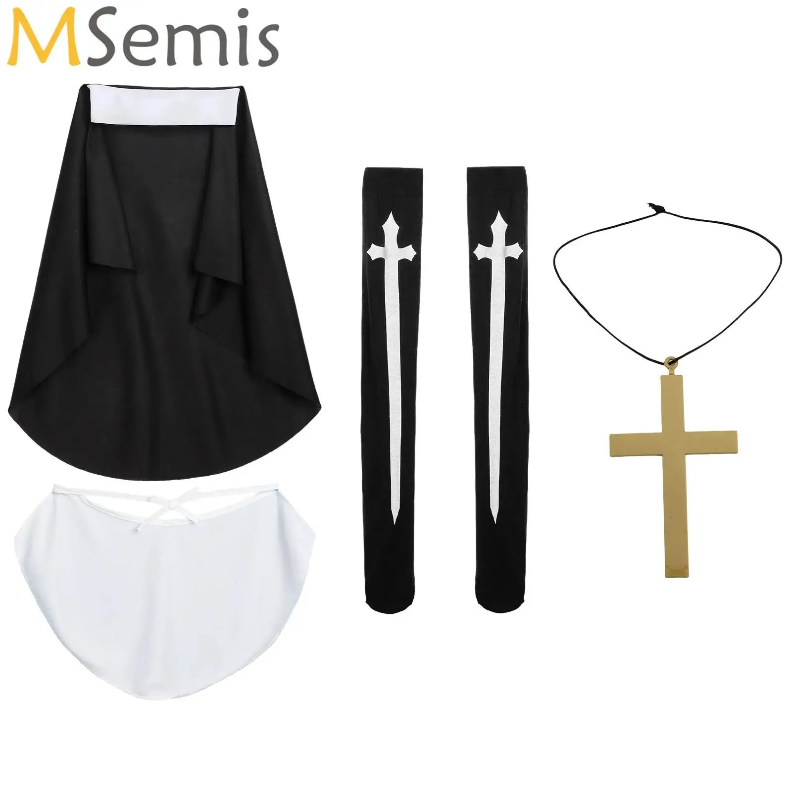 Women Halloween Nun Costume Accessories Headdress Fake Collar Cross Necklace Gloves Thigh High Socks Priest Sister Cosplay Props