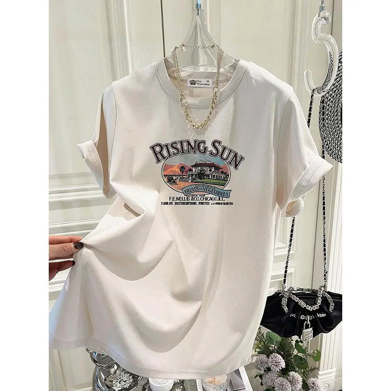 

Women Clothing American Style Build Printing T-shirt Summer Fashion Pure Cotton O-neck Short Sleeve Basic Top Tee Loose Pullover
