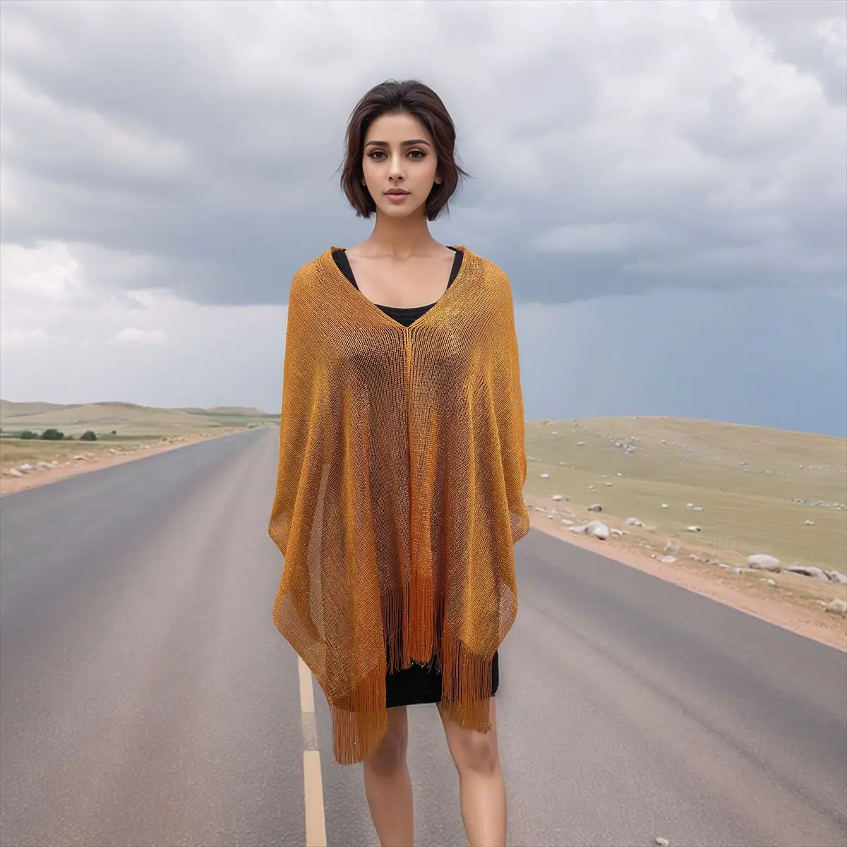 New hollowed out shawl cape European and American women's summer outerwear cloak tassel pullover polyester shiny Poncho