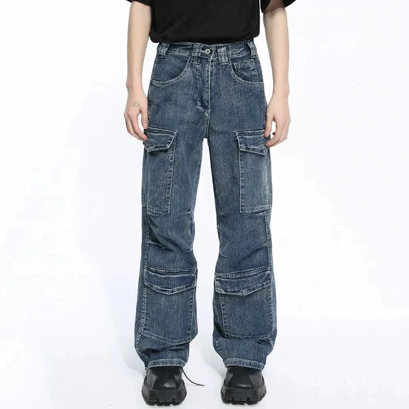 LUZHEN Solid 2024 Style Multi-pocket Male Patchwork Jeans American Men Denim Cargo Wide Leg Pants Cargo Trousers New Chic LZ6717