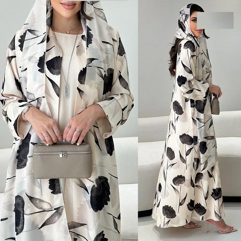 

2-Piece Abaya Set: Watercolor Floral Print, Crinkle Chiffon, V-Neck Open Front – With Separate Matching Hijab
