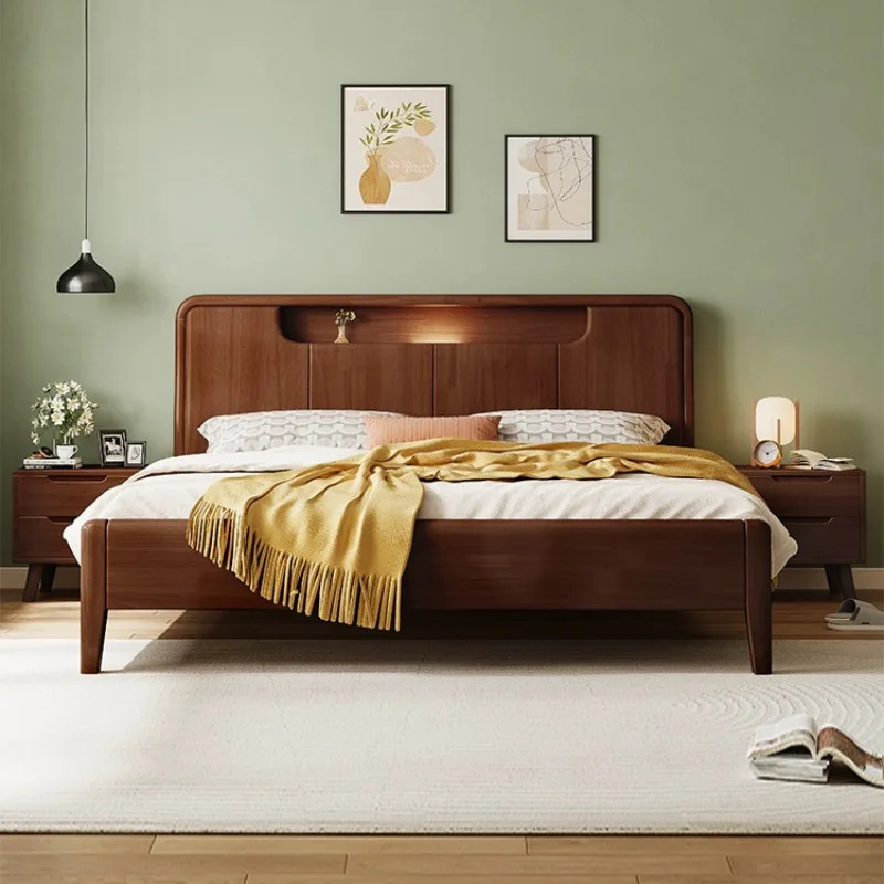 Solid wood bed master bedroom high box storage bed household double bed with night light