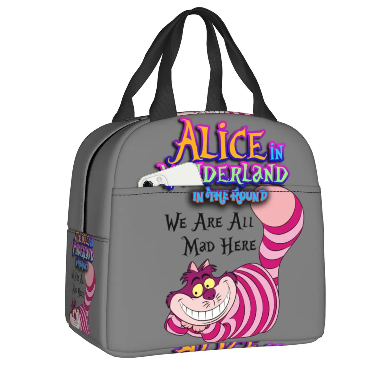 

Custom Alice In Wonderland Thermal Insulated Lunch Bags Women Cheshire Cat Lunch Tote for Work School Travel Storage Food Box