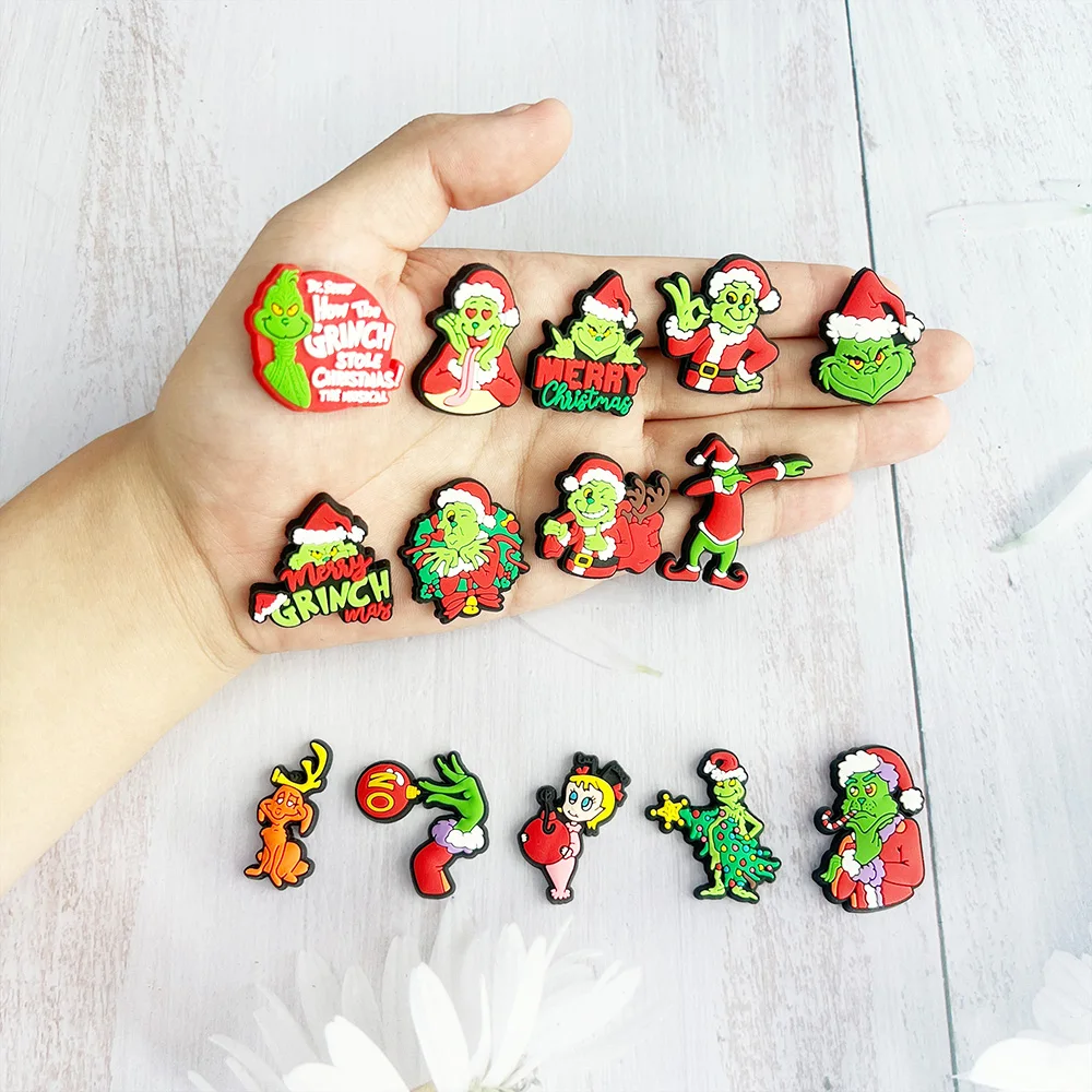 1-14pcs Grinch Shoes Charms Accessories Fit Clog Backapck Wristbands Shoe Decorate Buckle Handmade jewelry Parties Kids Gifts